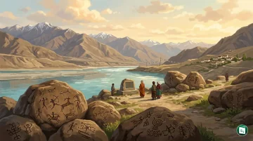 An artistic depiction of ancient petroglyphs on the rocky landscape of Ladakh near the Indus River.