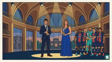 Carlos Alcaraz and Aryna Sabalenka posing with their Laureus statuettes in Madrid