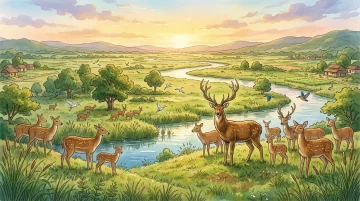 A scenic view of the Barasingha Wildlife Sanctuary showing its rich riverine and grassland ecosystem