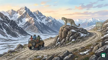 A snow leopard perched on a rocky cliff in the high-altitude landscape of Hemis National Park in Ladakh