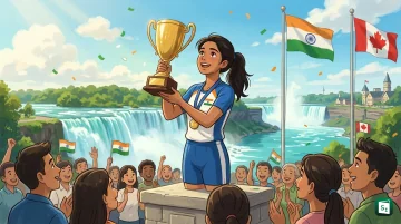 Anahat Singh celebrating with her trophy after winning the women’s singles final at the World Junior Squash Championships 2026 in Niagara-on-the-Lake, Canada