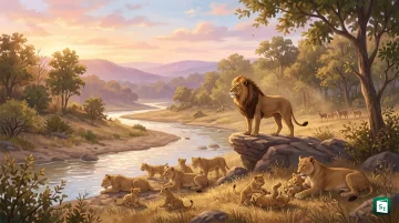 An Asiatic lion in its natural habitat in the Gir landscape of Gujarat, India