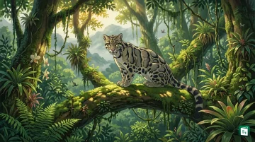 A clouded leopard resting on a tree branch in a dense forest, showing its cloud-shaped markings and long tail