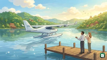 An electric seaplane takes off from water, representing the Pawan Hans and Noemi Aerospace partnership on sustainable aviation