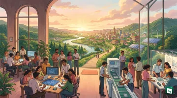 An illustration showing a group of young Indian workers entering the formal workforce under the PM-VBRY scheme, with the EPFO and employment themes in the background.