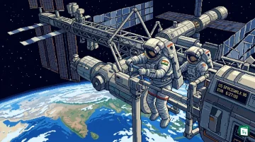 NASA astronauts Jessica Meir and Anil Menon working outside the International Space Station during a spacewalk