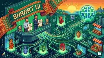 Illustration showing a ‘Bharat GI’ banner connecting Indian GI products like Darjeeling tea and Banarasi sarees to ONDC and GeM digital platforms
