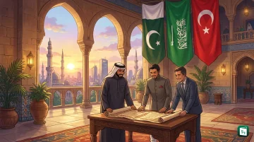 Turkish President Erdogan, Saudi Crown Prince Mohammed bin Salman, and Pakistani Prime Minister Shehbaz Sharif signing the Mecca Joint Defence Agreement in Mecca