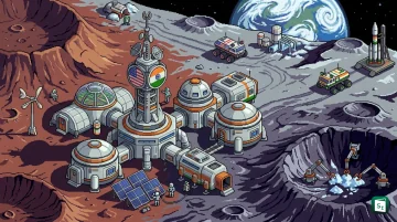 Illustration of a permanent human outpost near the lunar South Pole with Earth visible in the background