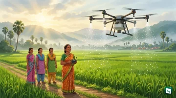 Woman farmer operating an agricultural drone over a crop field