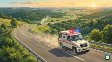 NHAI ambulance with emergency lights on a national highway in India