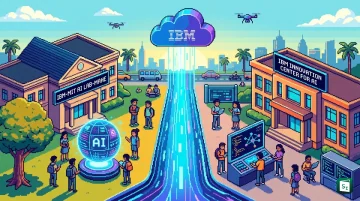 A modern AI research laboratory in Bengaluru with students working on high-performance computing systems