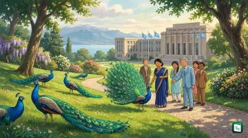 Five Indian peacocks, including a rare white-feathered male, standing in the grounds of Ariana Park outside the Palais des Nations in Geneva.