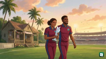 West Indies cricketers Justin Greaves and Hayley Matthews holding ICC Player of the Month awards for July 2026