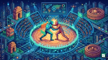 Illustration representing Cyber Kushti 2026 hackathon blending cybersecurity shields and AI circuits with a wrestling arena theme