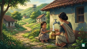 Rural household tap under Jal Jeevan Mission with women collecting clean drinking water