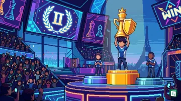 Magnus Carlsen holding the Esports World Cup Chess trophy after winning the 2026 title in Paris