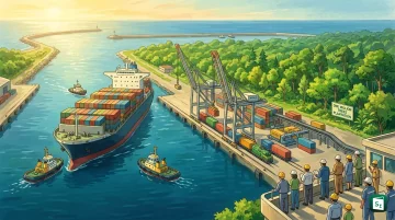 Aerial view of Paradip Port Authority showing berths and cargo operations on Odisha coast