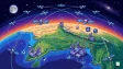 Illustration of Earth observation satellites orbiting Earth capturing high resolution imagery for agriculture and disaster management