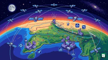 Illustration of Earth observation satellites orbiting Earth capturing high resolution imagery for agriculture and disaster management