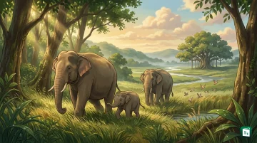 A herd of Asian elephants walking through a forest with a calf, symbolising World Elephant Day conservation
