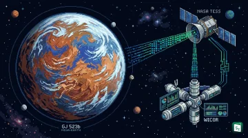 Illustration of the rocky mega-Earth GJ 523b orbiting its host star with NASA TESS satellite in background