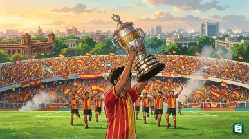 East Bengal players celebrating with the three Durand Cup trophies after winning the 2026 final at Salt Lake Stadium in Kolkata