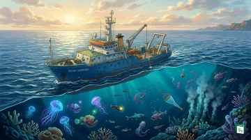 The Fishery and Oceanographic Research Vessel (FORV) Sagar Sampada sailing in the deep sea to survey fishery resources in the Indian Exclusive Economic Zone