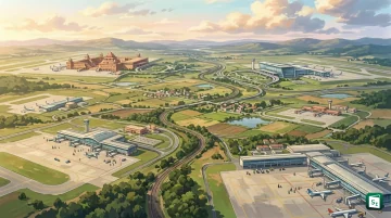 An illustration showing an airport control tower and passenger terminal representing the PPPAC approval of the third round of airport privatisation in India