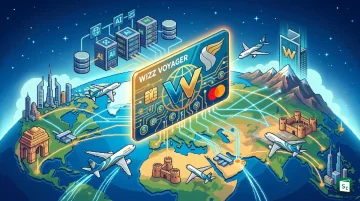 A Wizz Voyager Multi-Currency Card with a digital interface showing multiple global currencies and Oman Air branding
