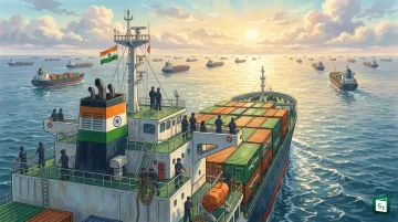 A large container ship sailing across the sea, representing the global merchant fleet crewed by seafarers from India and other countries.