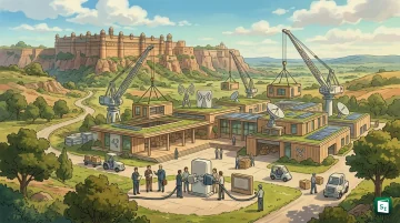 Aerial view of a plug-and-play telecom manufacturing zone with factories and testing facilities