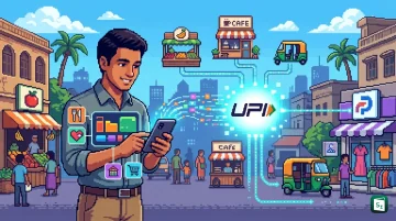 Illustration of an employee paying by scanning a UPI QR code with the OmniCard Flexi Benefits Basket wallet
