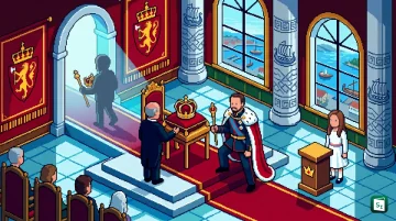 Portrait of King Harald V of Norway with the Royal Palace in Oslo in the background