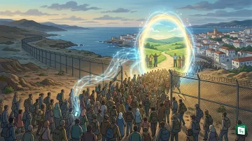 Migrants gathered near the border breakwaters in Ceuta, a Spanish autonomous city on the North African coast, during the late July 2026 surge