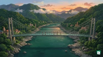 Bajrang Setu glass suspension bridge spanning across the Ganga River in Rishikesh, Uttarakhand, with Himalayan foothills in the background