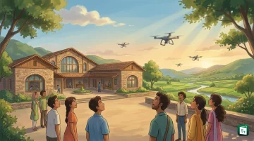 An illustration of a drone in flight above a university campus, representing the NSDC-AVPL Advanced Skill Centres for drone technology