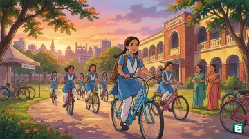 Chief Minister Rekha Gupta distributing free bicycles to Class 9 girl students at the launch of the Vidya Vahini scheme in Delhi