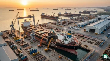 Aerial view of ships beached for recycling at the Alang-Sosiya ship recycling yard on the Gulf of Khambhat in Gujarat, India