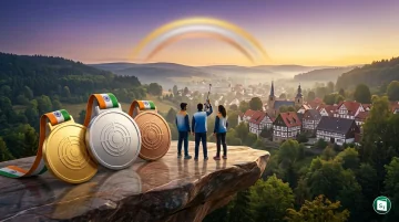 Indian junior shooters celebrating on the podium at the ISSF Junior World Championship 2026 in Suhl, Germany