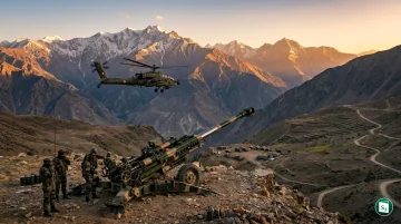 An AH-64E Apache attack helicopter in flight and an M777A2 Ultra-Light Howitzer being deployed