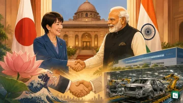 PM Narendra Modi and Japanese PM Sanae Takaichi shaking hands at Hyderabad House during the 16th India-Japan Annual Summit