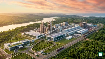 Conceptual illustration of an integrated aluminium manufacturing complex with refinery, smelter, power plant, and downstream facilities