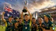 Australian women's cricket team celebrating with the ICC Women's T20 World Cup trophy at Lord's Cricket Ground in London
