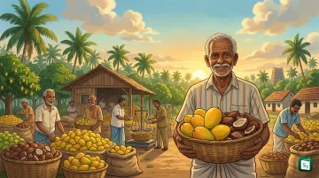 Tamil Nadu farmers with harvested copra and Totapuri mangoes