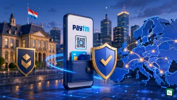 Paytm logo and Luxembourg financial district skyline representing Paytm Europe's Payment Institution licence from CSSF