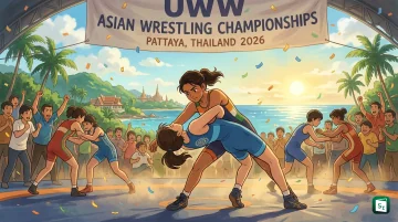 Indian wrestlers celebrating with medals at the U15 and U20 Asian Wrestling Championships 2026 in Pattaya, Thailand