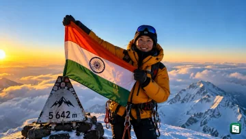Tshering Choden, a mountaineer from Sikkim, standing on the summit of Mount Elbrus, Europe's highest peak in the Caucasus Mountains