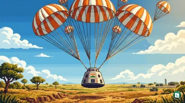 ISRO's Integrated Main Parachute Airdrop Test (IMAT-05) showing the parachute deployment sequence during the Gaganyaan crew module deceleration system test
