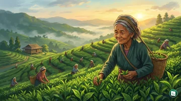 Tea garden workers in North Bengal plucking tea leaves on a plantation